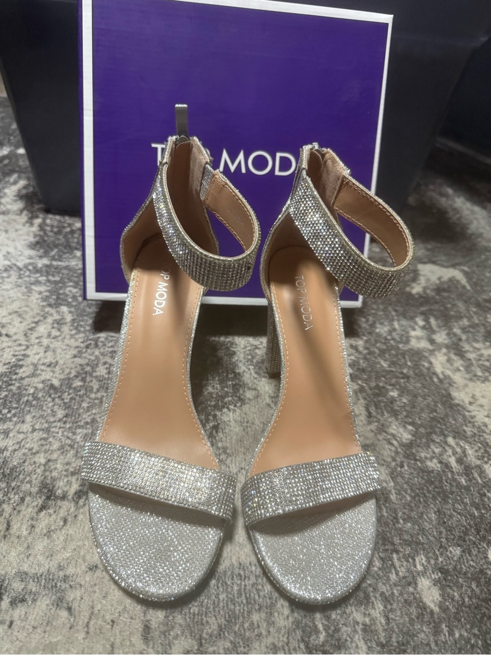 TOP Moda Silver Glitter Ankle Strap Heels with Rhinestone Detail